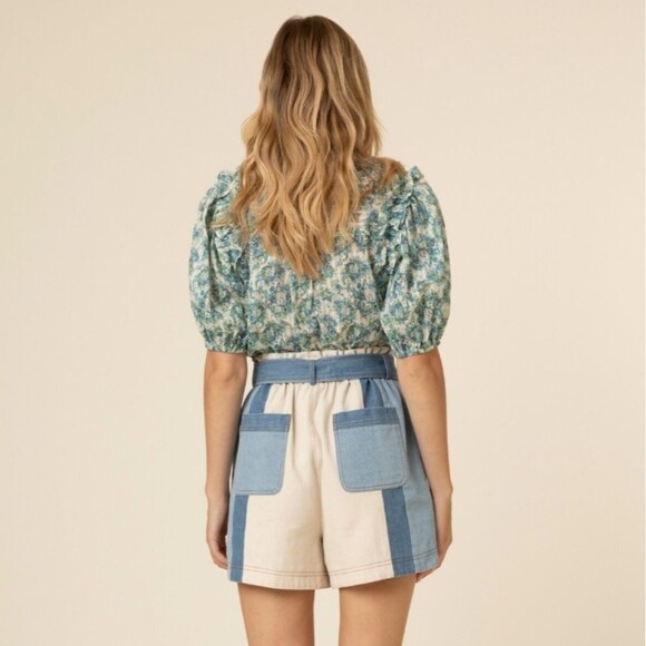 FRNCH Sylvia woven cream blue patchwork colorblock belted high rise shorts - Picture 2 of 14